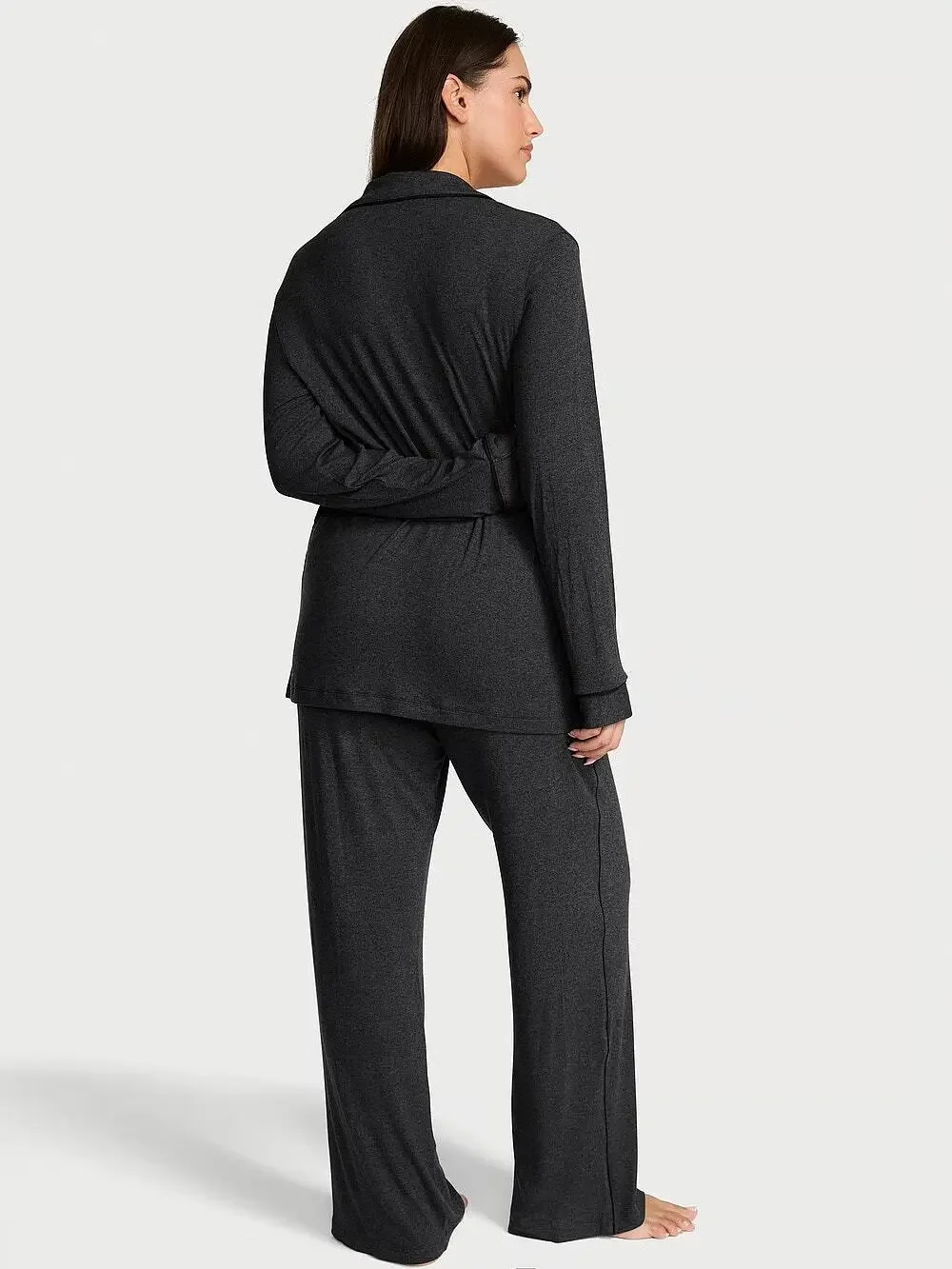 VGUC Victoria's Secret Black Soft Modal Pajama Set Long Sleeve Lace Trim Medium